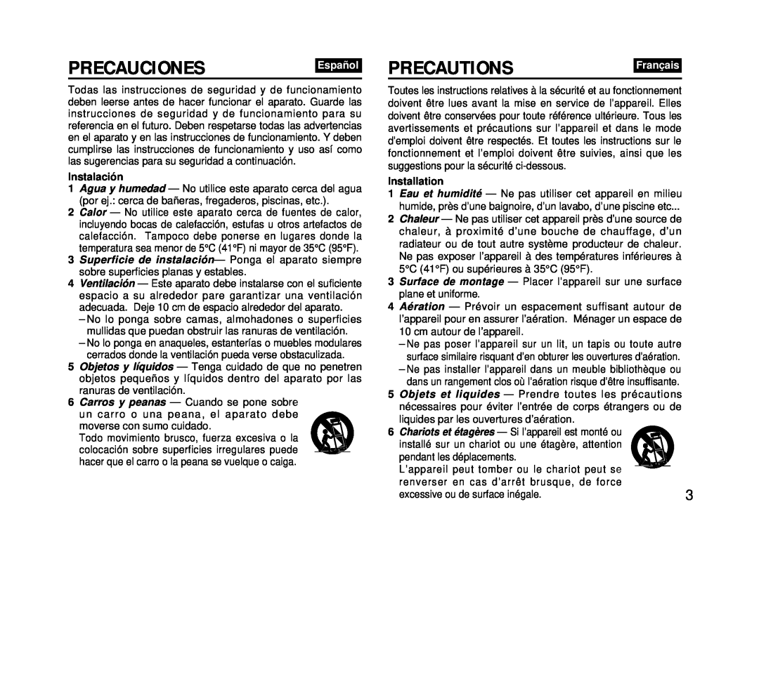 Aiwa FR-DA400 operating instructions Precauciones, Precautions, Español, Français, Instalación, Installation 