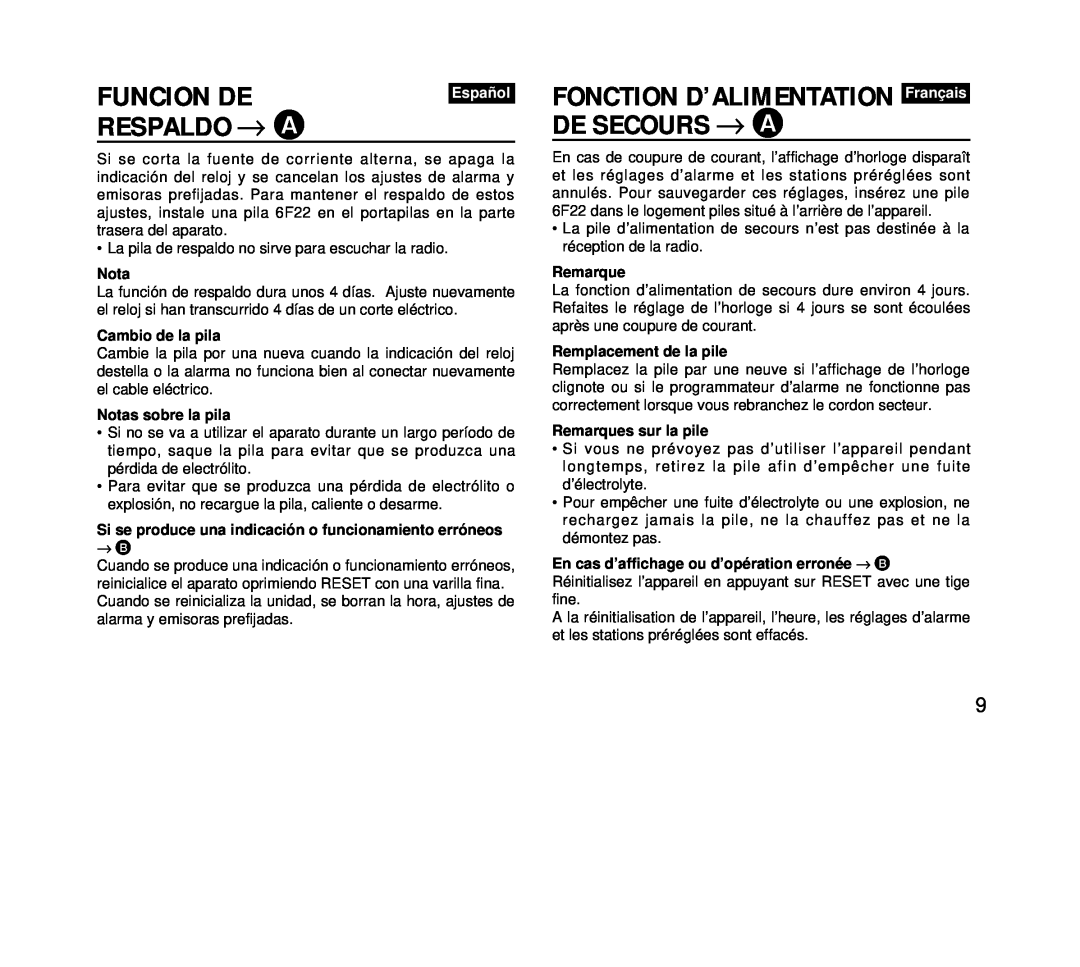 Aiwa FR-DA400 operating instructions Funcion De, Respaldo → A, De Secours → A, FONCTION D’ALIMENTATION Français 