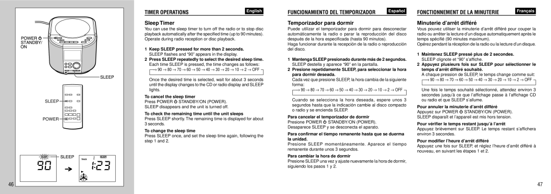 Aiwa FR-TC5500 manual Sleep Timer, Temporizador para dormir, Minuterie d’arrê t diffé ré 