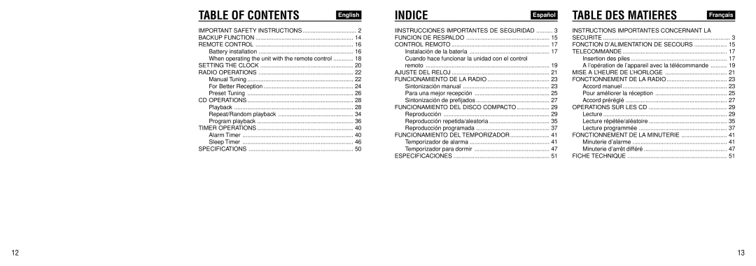 Aiwa FR-TC5500 manual Indice, Table DES Matieres 