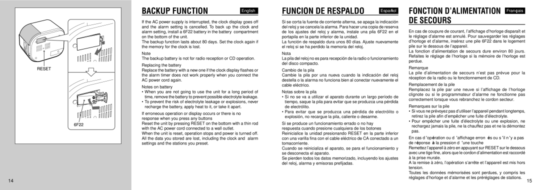 Aiwa FR-TC5500 manual Backup Function, Funcion DE Respaldo 