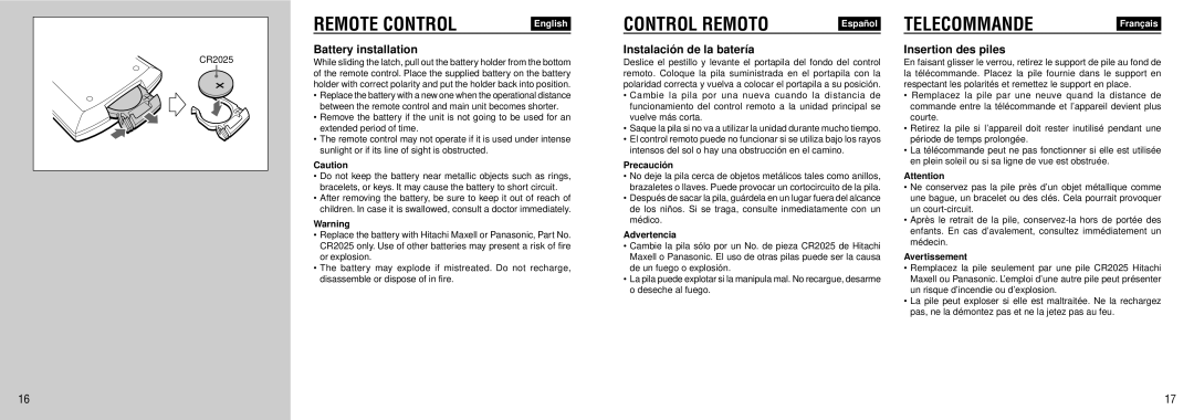 Aiwa FR-TC5500 manual Remote Control, Control Remoto, Battery installation, Instalació n de la batería, Insertion des piles 