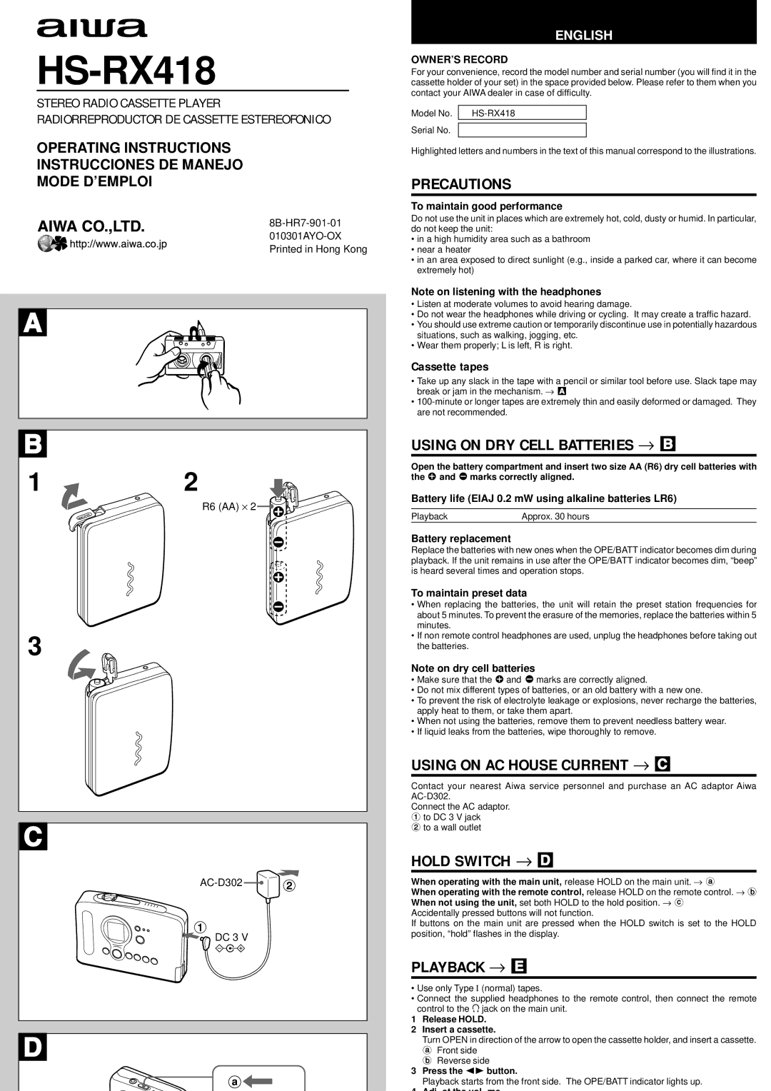 Aiwa HS-RX418 operating instructions Precautions, Using on DRY Cell Batteries → B, Using on AC House Current → C 