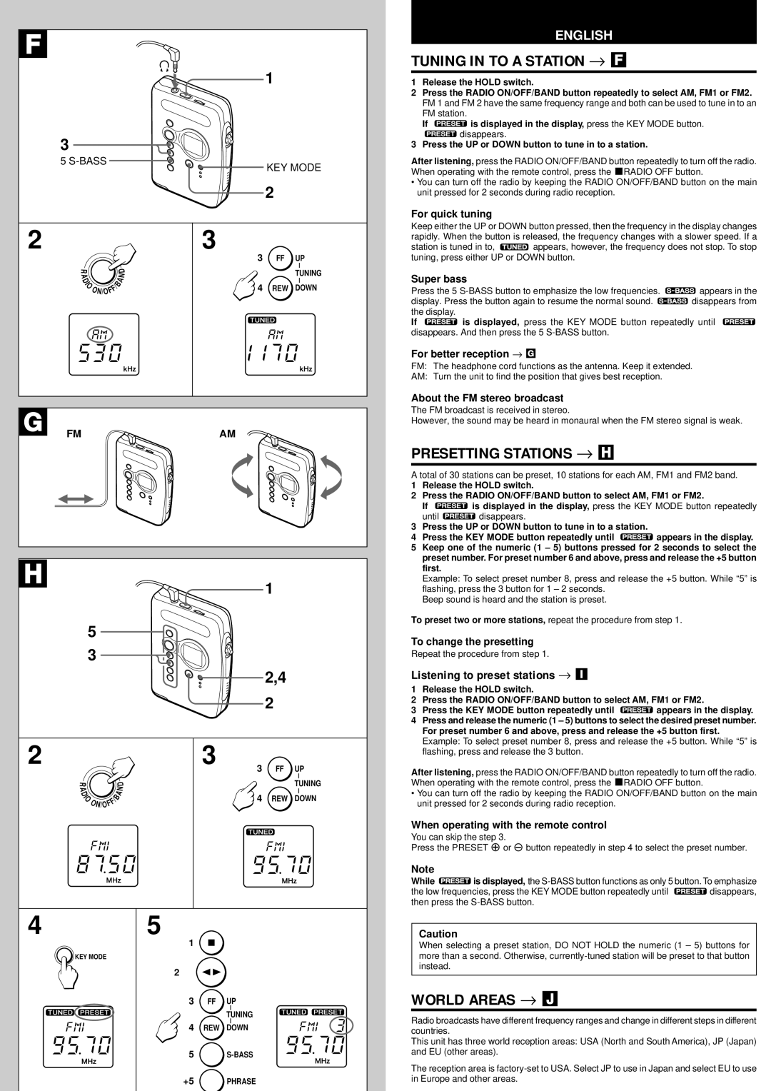 Aiwa HS-RX418 operating instructions Tuning in to a Station → F, Presetting Stations → H, World Areas → J 