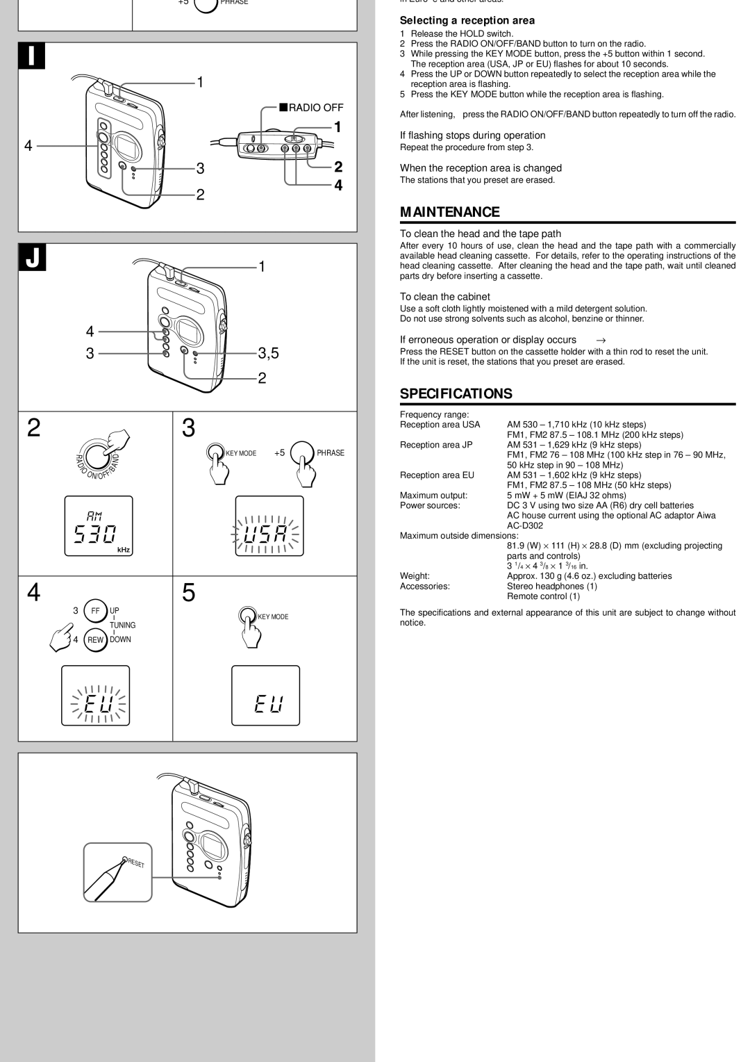 Aiwa HS-RX418 operating instructions Maintenance, Specifications 