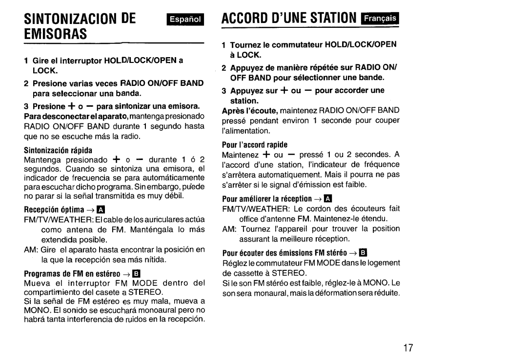 Aiwa HS-SP570 manual Sintonizacion DE Emisoras, Accord D’UNE Station m, Appuyez sur i- ou pour accorder une station 