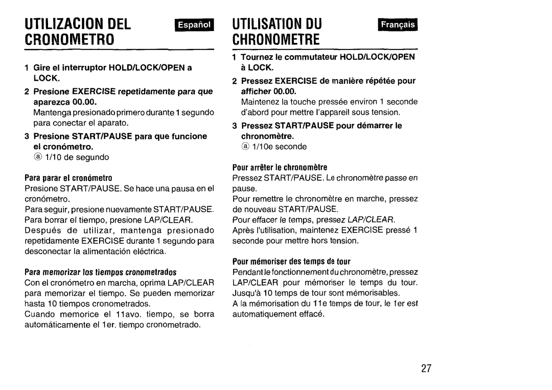 Aiwa HS-SP570 manual Utilization DEL Cronometro, Utilisationdu, Chronometry, Tournez Ie commutateur HOLD/LOCK/OPEN a Lock 