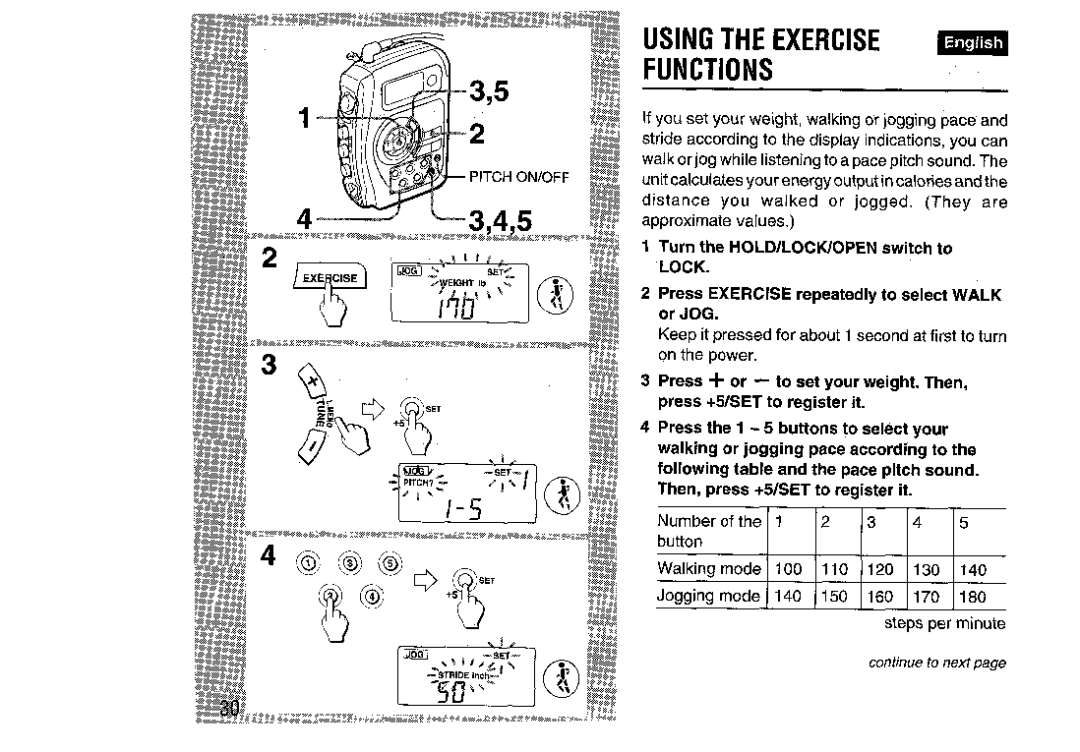 Aiwa HS-SP570 manual Using the Exercise Functions, Press Exercise repeatedly to select Walk or JOG 