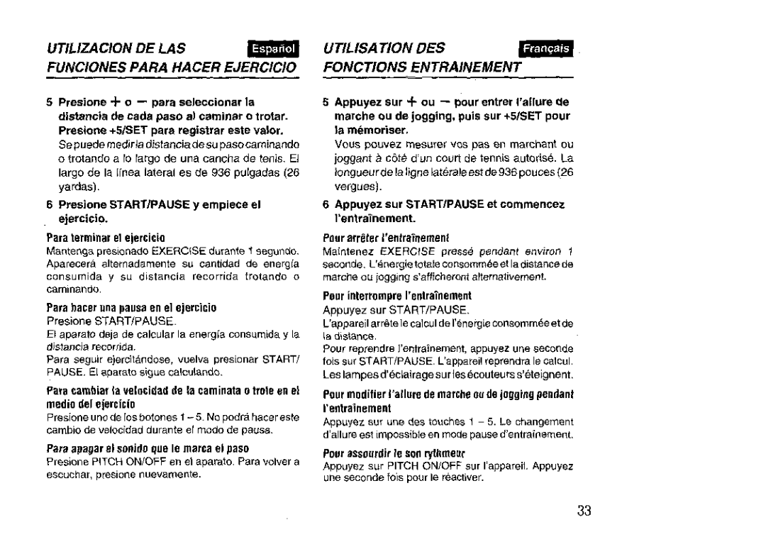 Aiwa HS-SP570 manual Para apagar el sonido que Ie marca el paso, Appuyez sur START/PAUSE et commencez I’entraTnement 