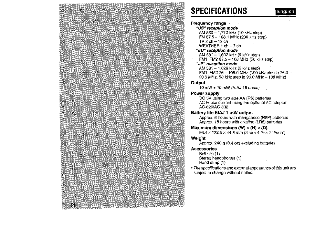 Aiwa HS-SP570 manual Specifications mm, Frequency range 