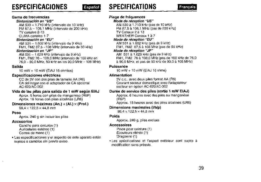 Aiwa HS-SP570 manual Especificaciones, Specifications 