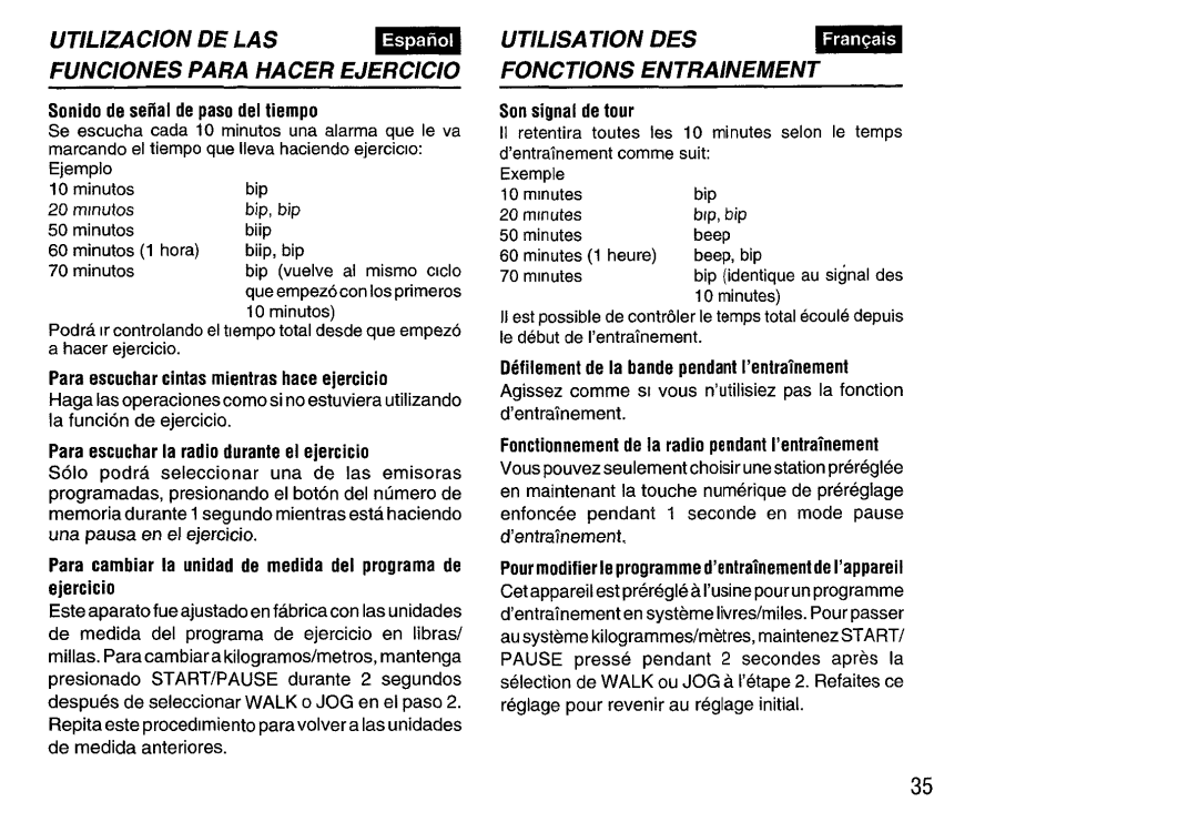 Aiwa HS-SP570 manual Utilization De Las Funciones Para Hacer Ejercicio, Utilisation Des Fonctions Entrainment 