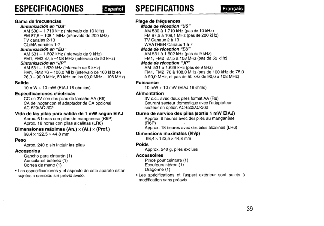 Aiwa HS-SP570 manual Especificaciones, Specifications, Sin fonizacion en “US”, Sintonizacion en “EW, Sintonizacion en “JP 