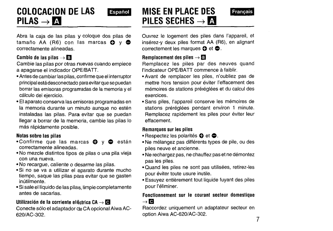 Aiwa HS-SP570 manual Mise, Pilas +, Piles, Seches, Colocacion De Las, En Place 