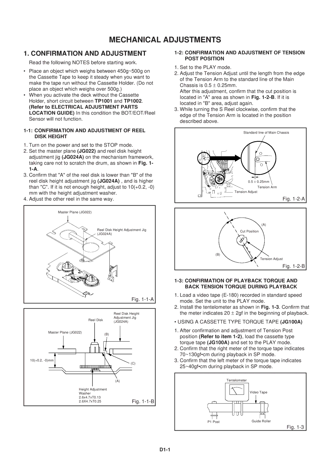 Aiwa HV-FX5100 Mechanical Adjustments, Confirmation and Adjustment, Using a Cassette Type Torque Tape JG100A, D1-1 