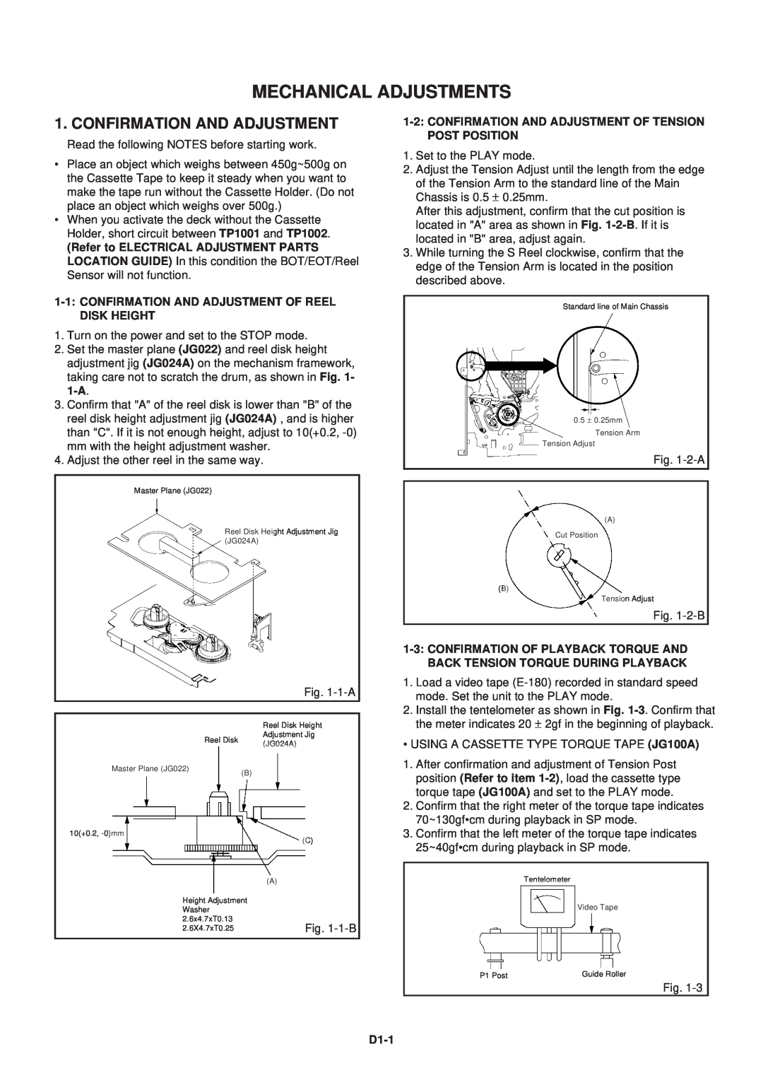 Aiwa HV-FX5100 service manual Mechanical Adjustments, Confirmation And Adjustment, D1-1 