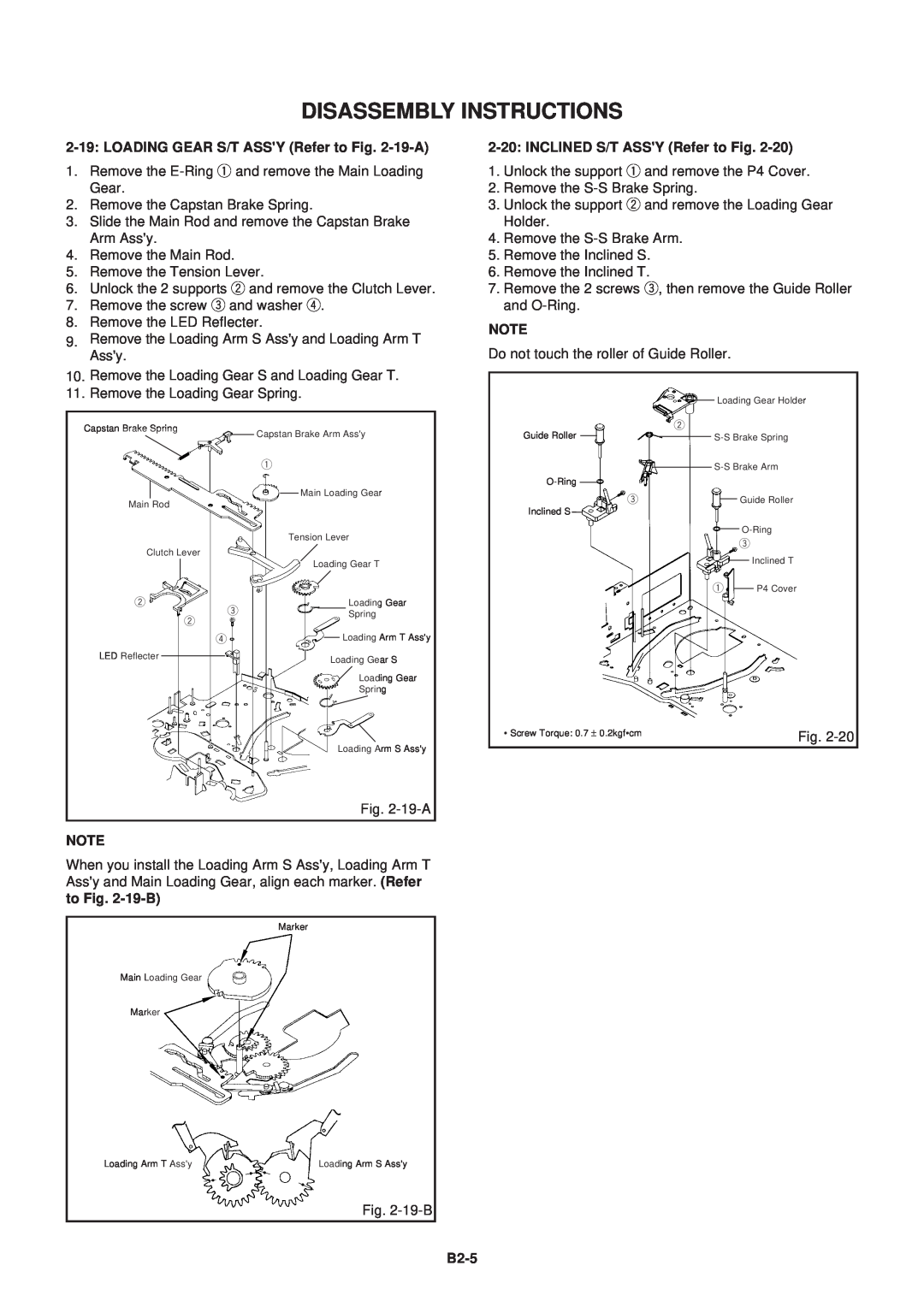Aiwa HV-FX5100 Disassembly Instructions, LOADING GEAR S/T ASSY Refer to -19-A, INCLINED S/T ASSY Refer to Fig, B2-5 