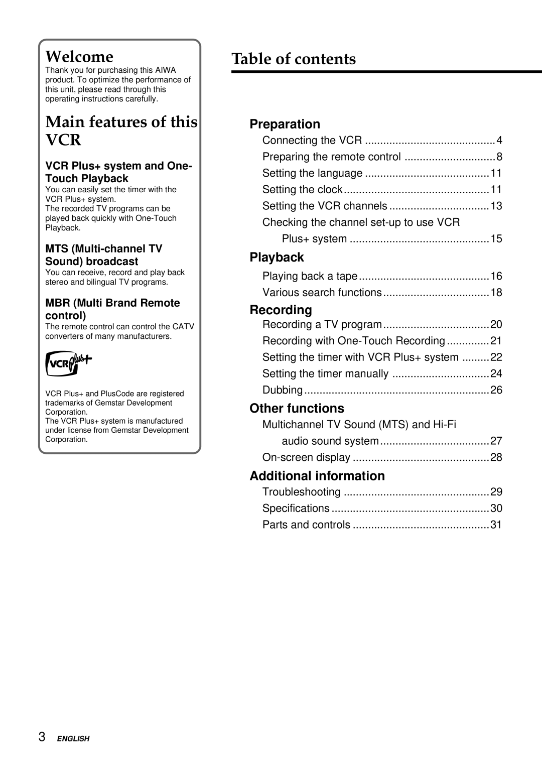 Aiwa HV-FX8100U operating instructions Vcr 