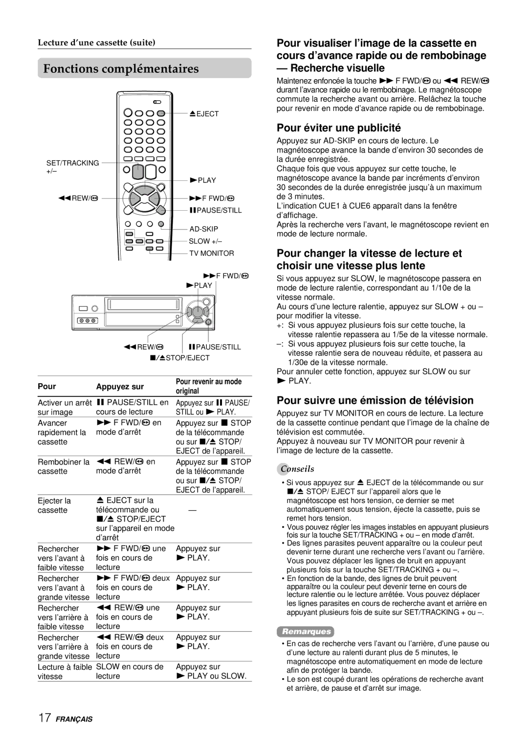 Aiwa HV-FX8100U operating instructions Fonctions complémentaires, Recherche visuelle, Pour é viter une publicité 