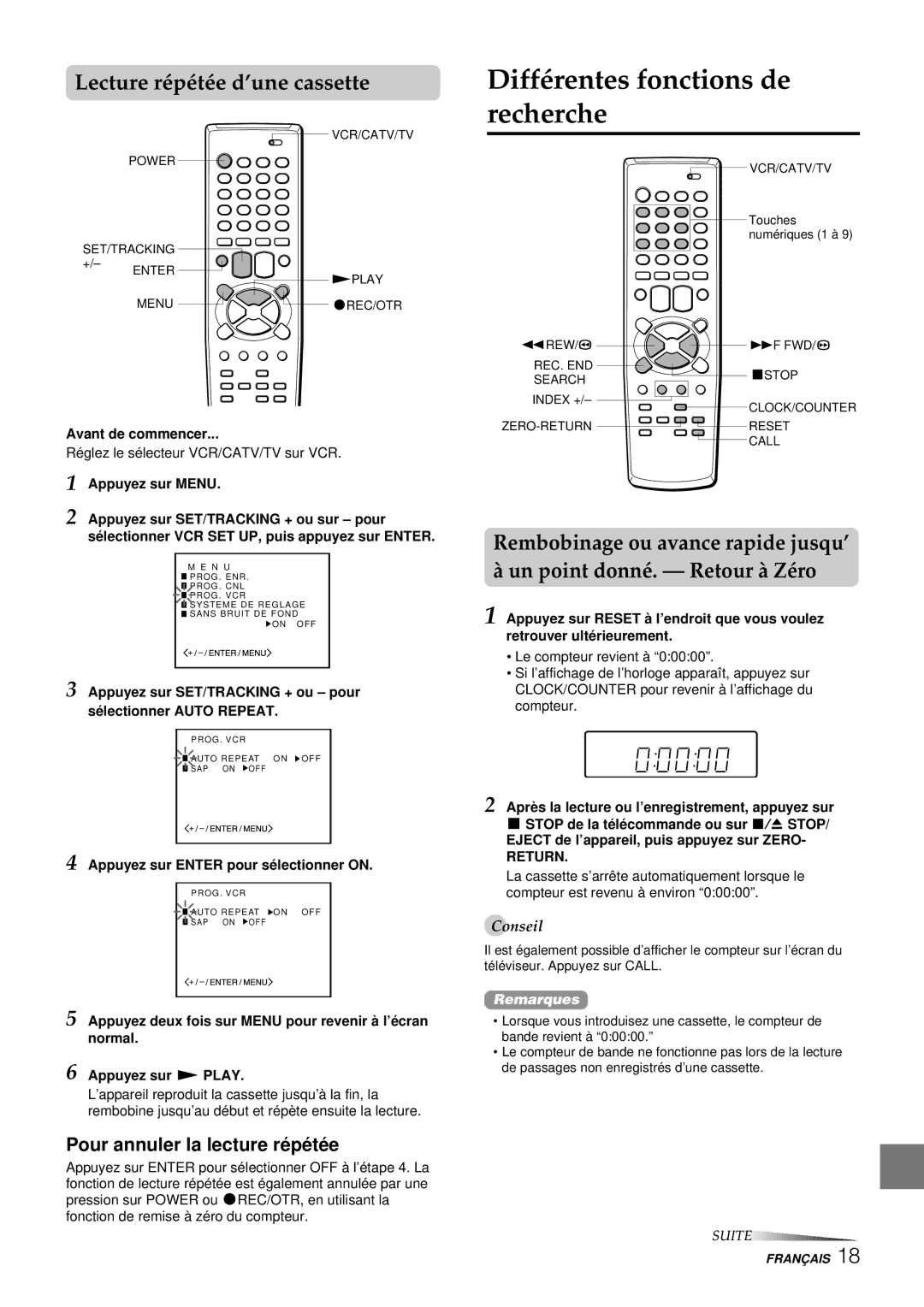 Aiwa HV-FX8100U Différentes fonctions de recherche, Lecture répétée d’une cassette, Pour annuler la lecture ré pé té e 