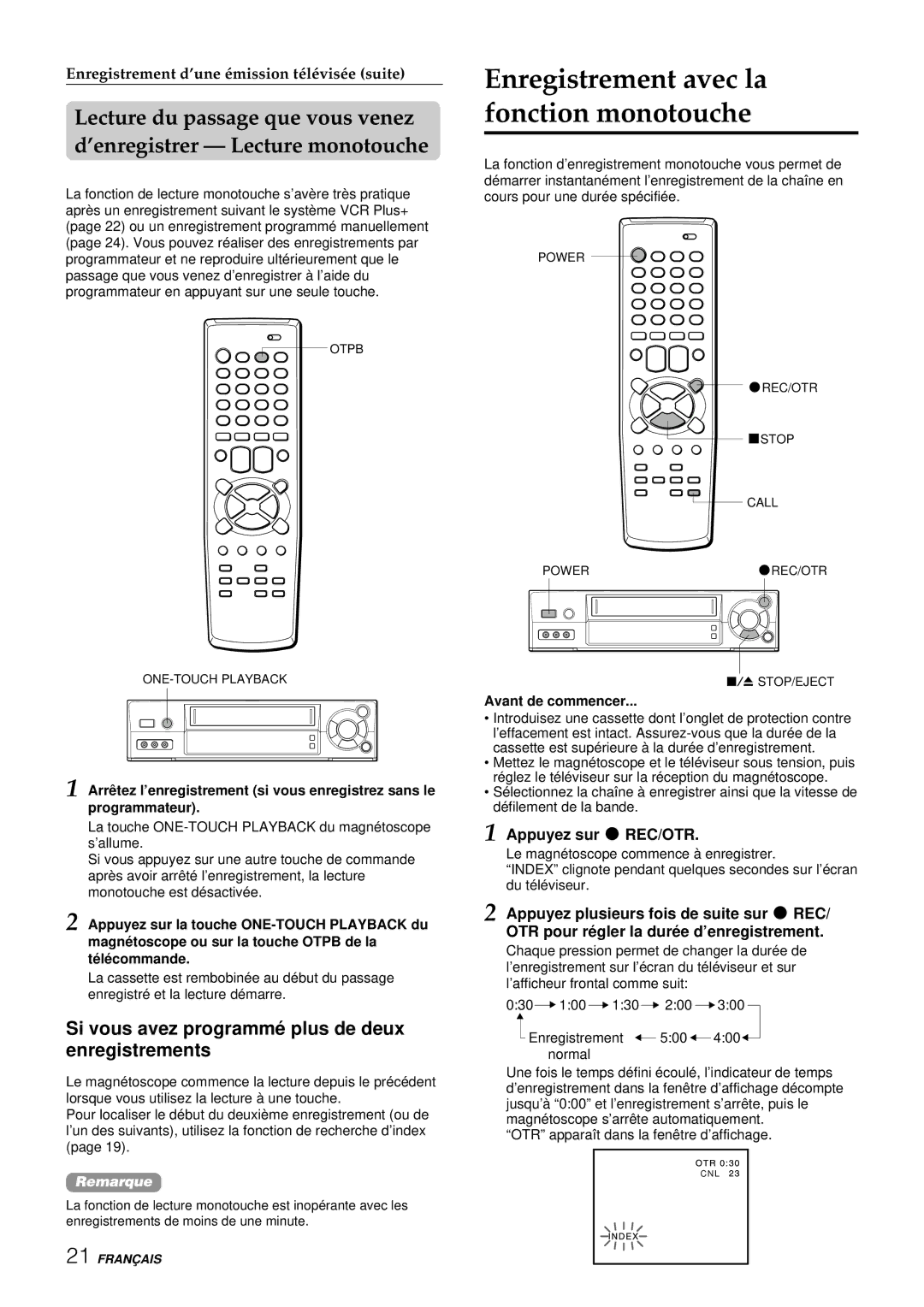 Aiwa HV-FX8100U Enregistrement avec la fonction monotouche, Si vous avez programmé plus de deux enregistrements 