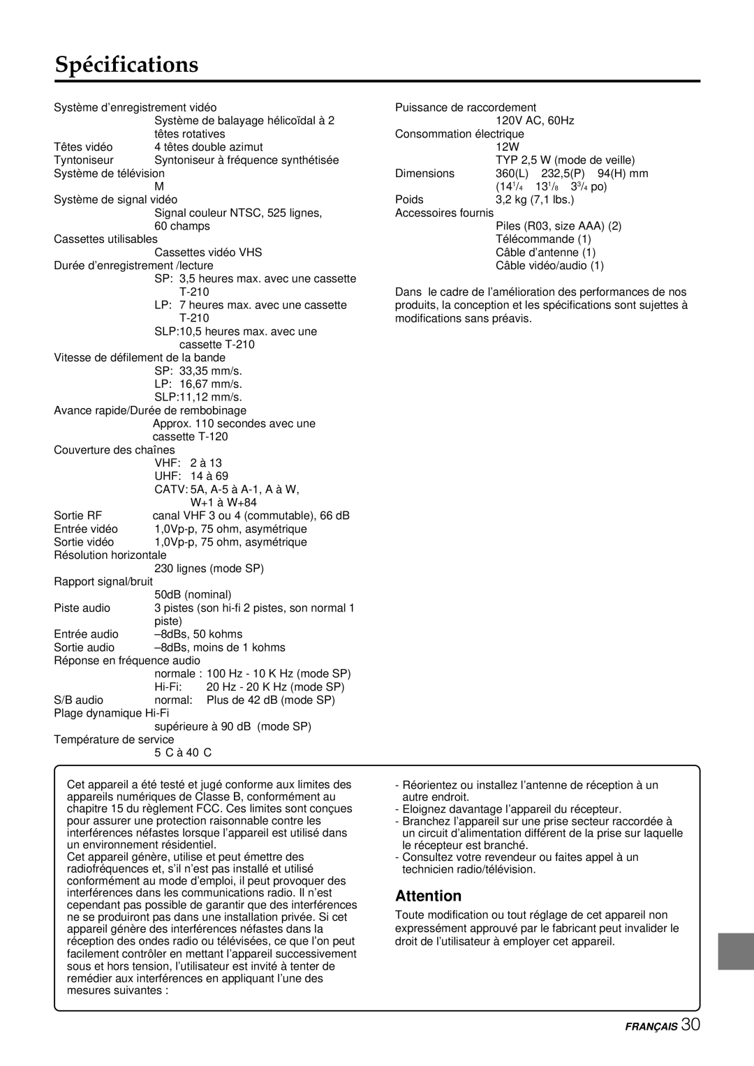 Aiwa HV-FX8100U operating instructions Spécifications 