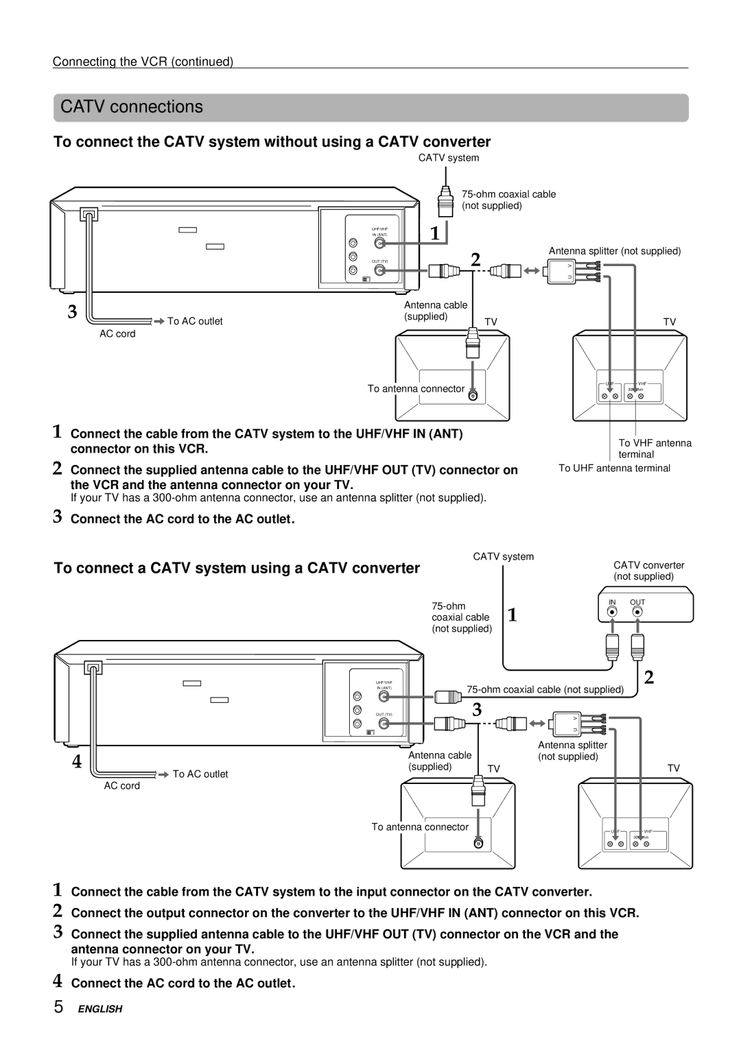 Aiwa HV-FX8100U To connect the Catv system without using a Catv converter, To connect a Catv system using a Catv converter 