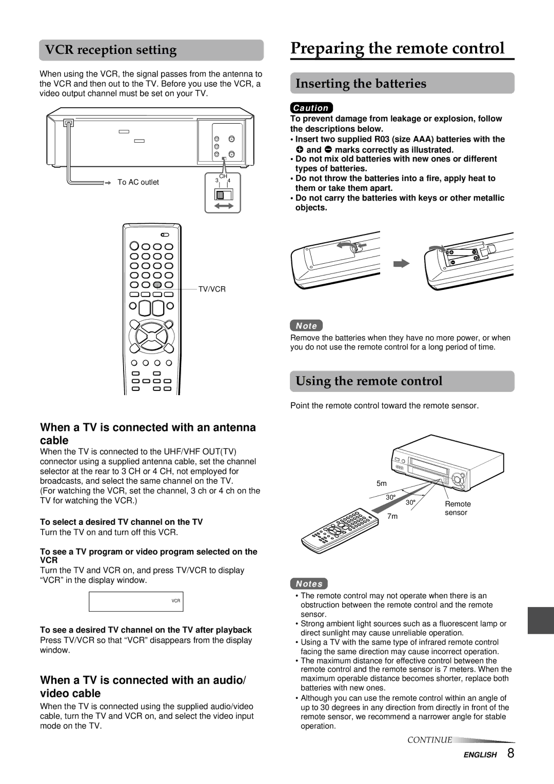 Aiwa HV-FX8100U Preparing the remote control, VCR reception setting, Inserting the batteries, Using the remote control 