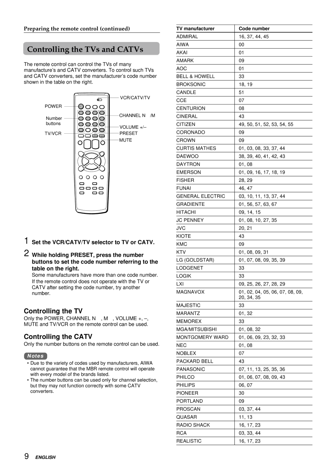 Aiwa HV-FX8100U operating instructions Controlling the TVs and CATVs, Controlling the Catv 