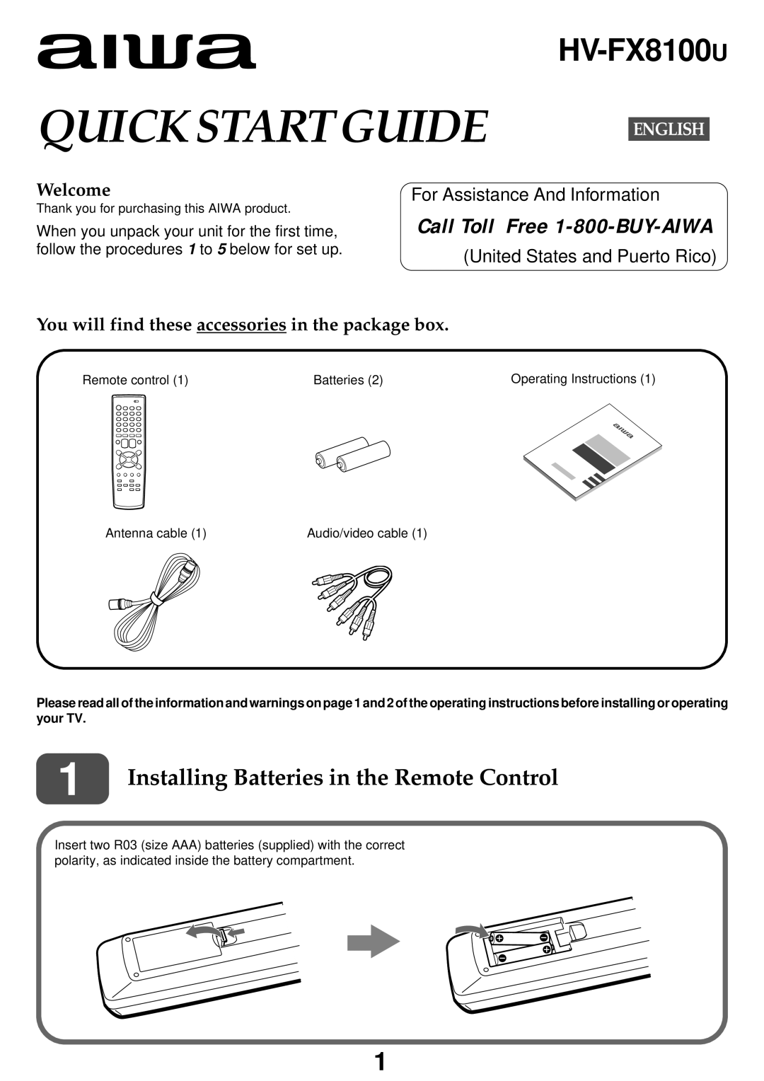 Aiwa HV-FX8100U Installing Batteries in the Remote Control, Welcome, You will find these accessories in the package box 