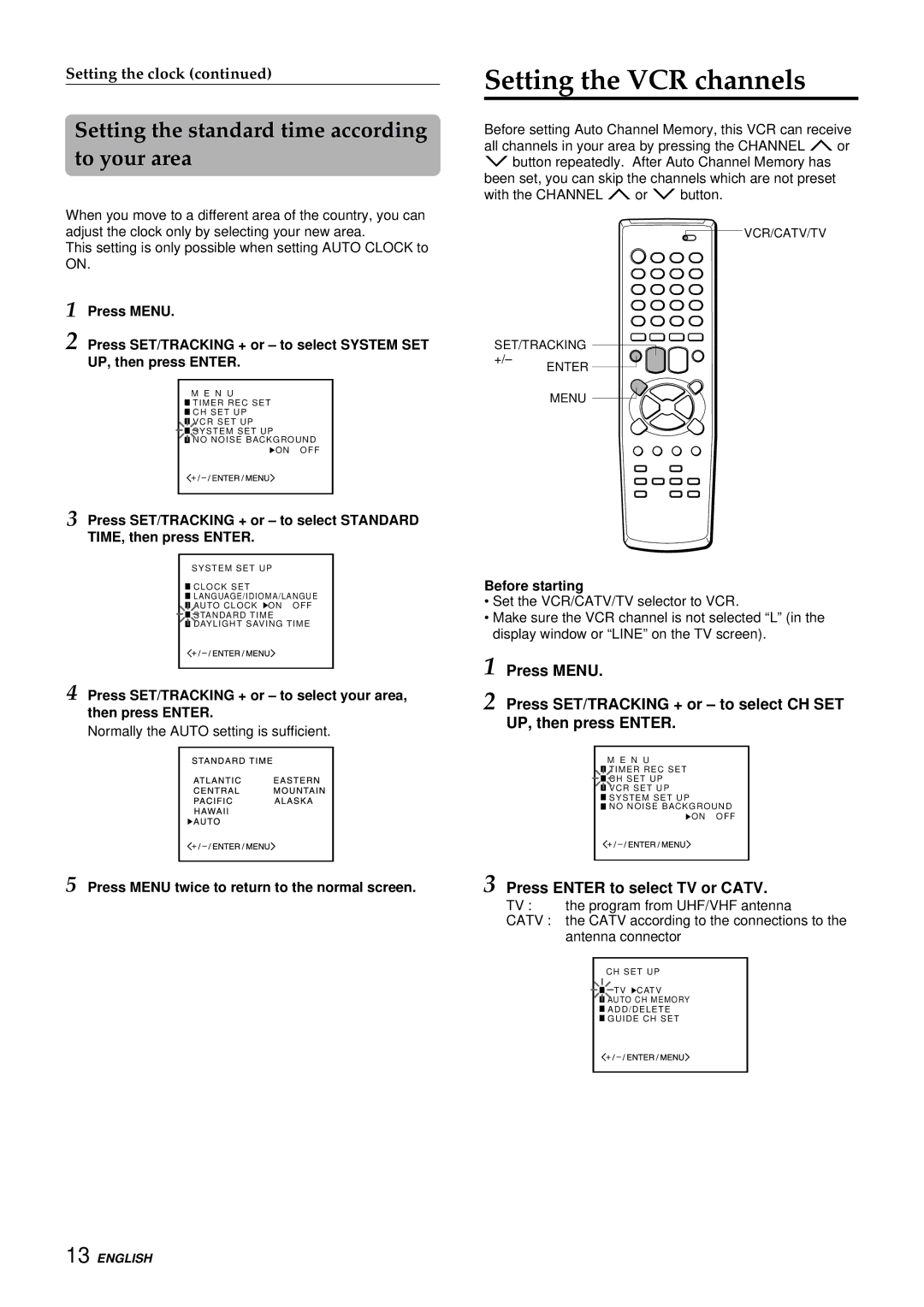 Aiwa HV-FX8100U operating instructions Setting the VCR channels, Setting the standard time according to your area 