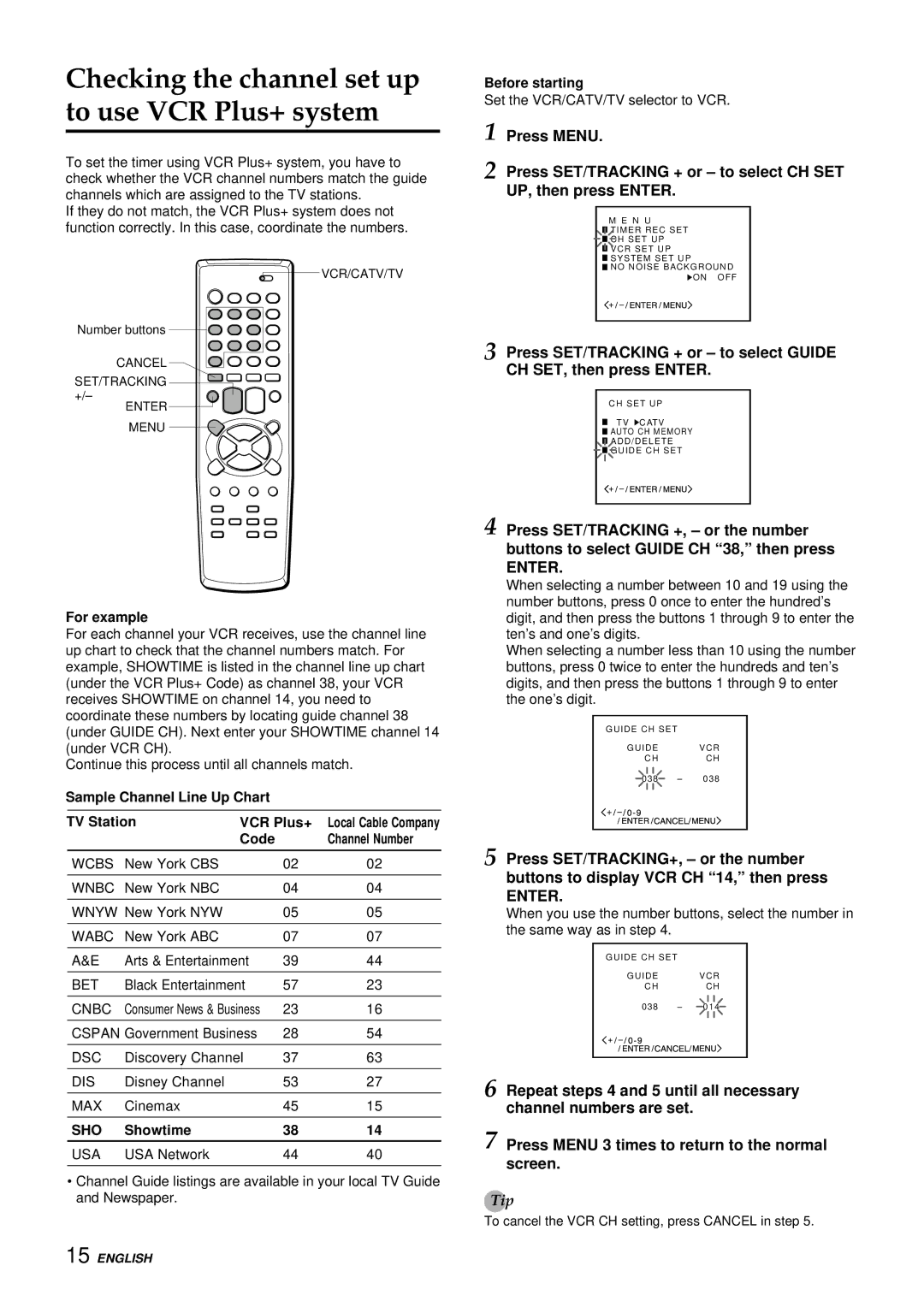 Aiwa HV-FX8100U Checking the channel set up to use VCR Plus+ system, For example, Code Channel Number, Showtime 