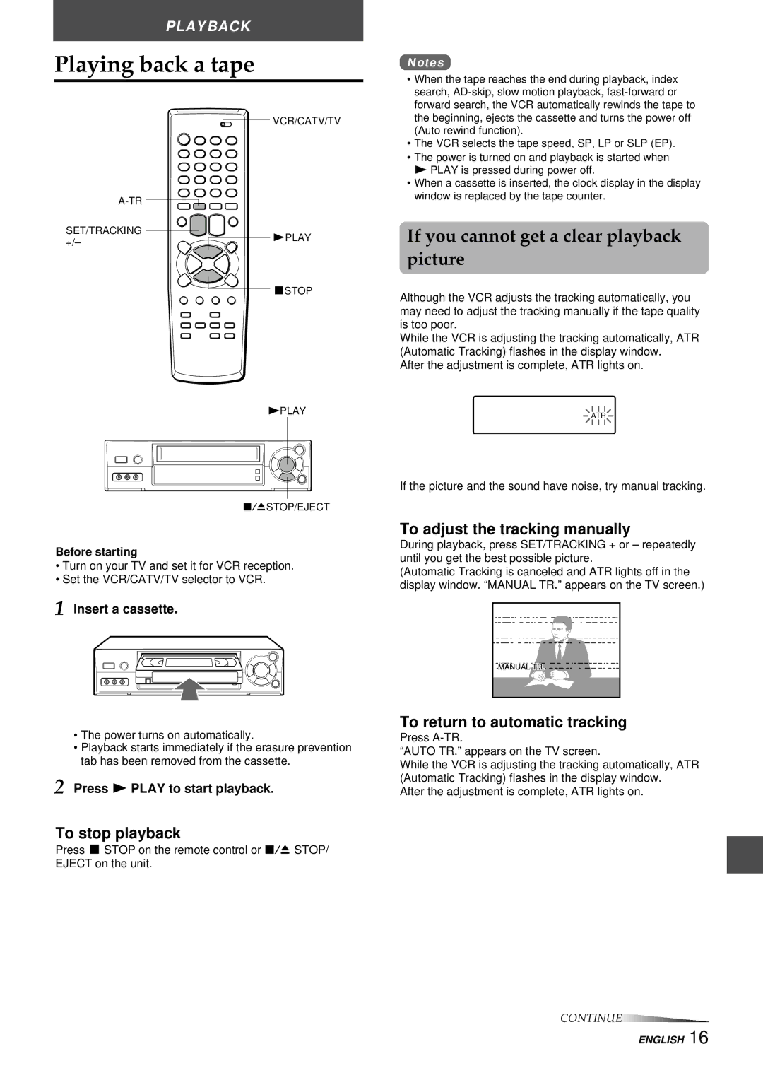 Aiwa HV-FX8100U operating instructions Playing back a tape, If you cannot get a clear playback picture, To stop playback 