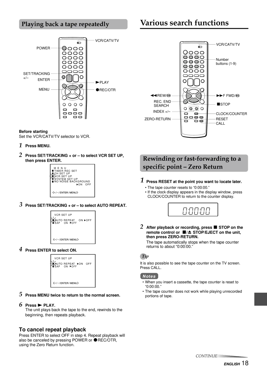 Aiwa HV-FX8100U operating instructions Various search functions, Playing back a tape repeatedly, To cancel repeat playback 