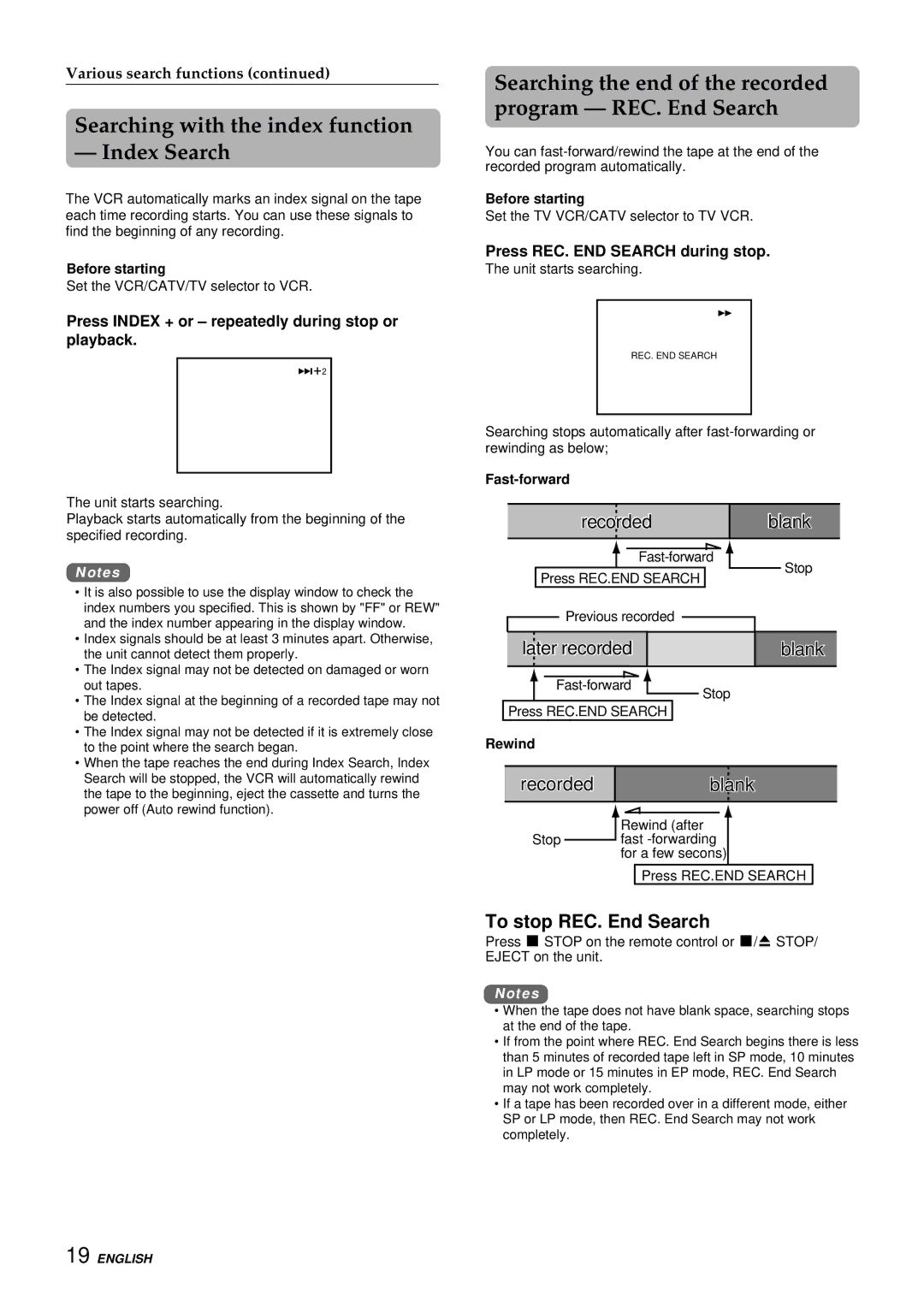 Aiwa HV-FX8100U Searching with the index function Index Search, Searching the end of the recorded program REC. End Search 