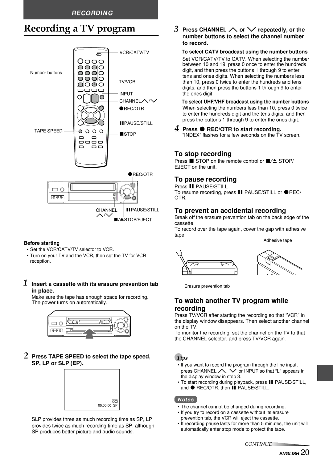 Aiwa HV-FX8100U Recording a TV program, To stop recording, To pause recording, To prevent an accidental recording 