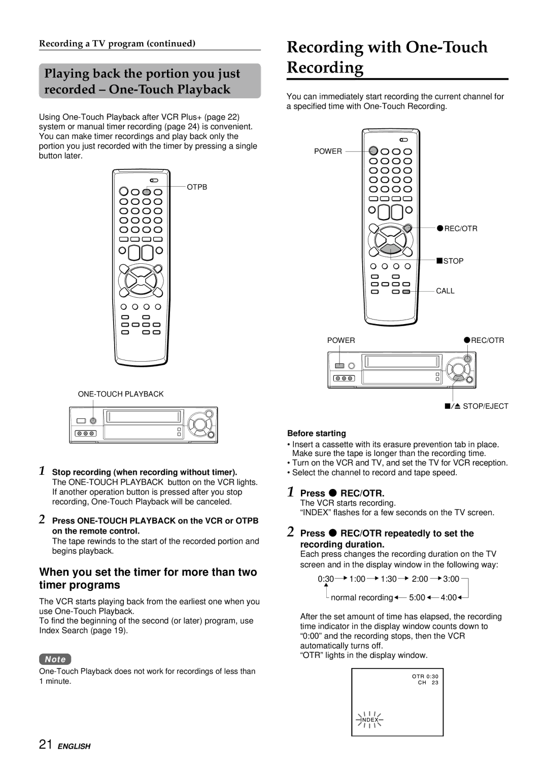 Aiwa HV-FX8100U Recording with One-Touch Recording, When you set the timer for more than two timer programs 