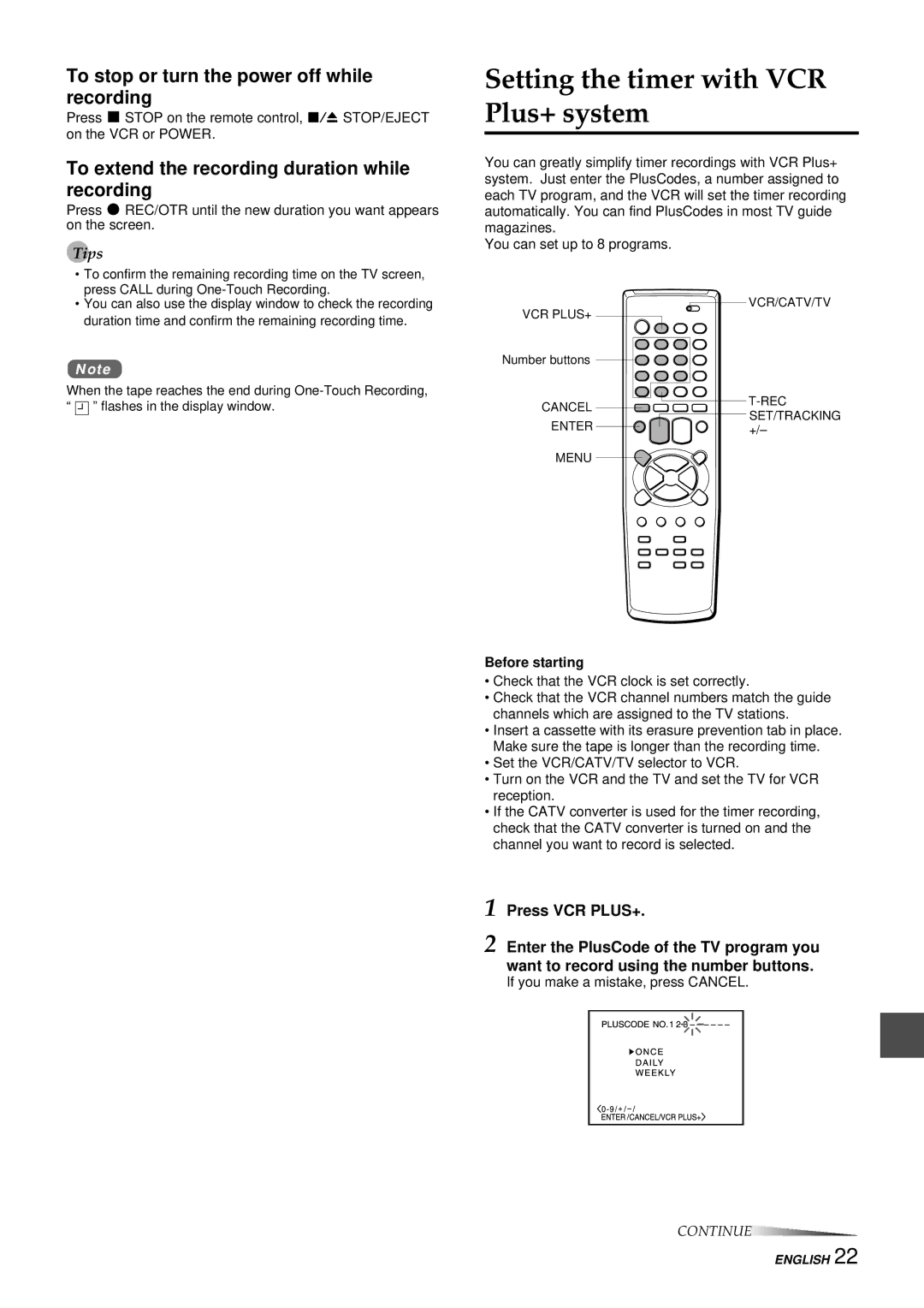 Aiwa HV-FX8100U Setting the timer with VCR Plus+ system, To stop or turn the power off while recording 