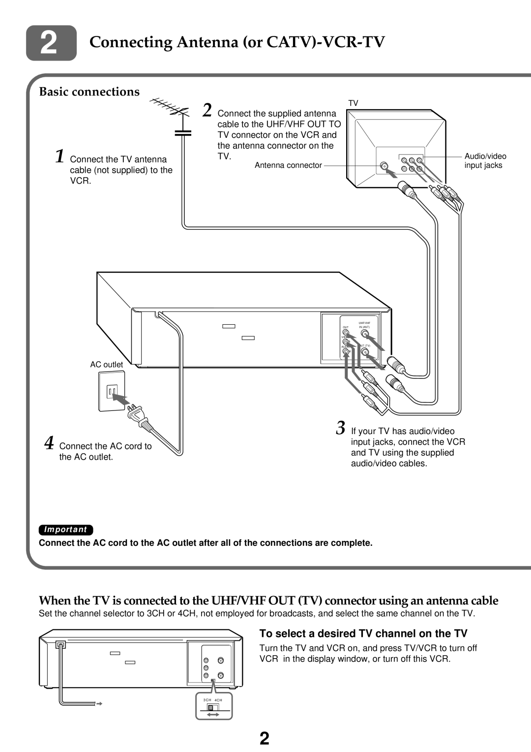 Aiwa HV-FX8100U Connecting Antenna or CATV-VCR-TV, Basic connections, To select a desired TV channel on the TV 