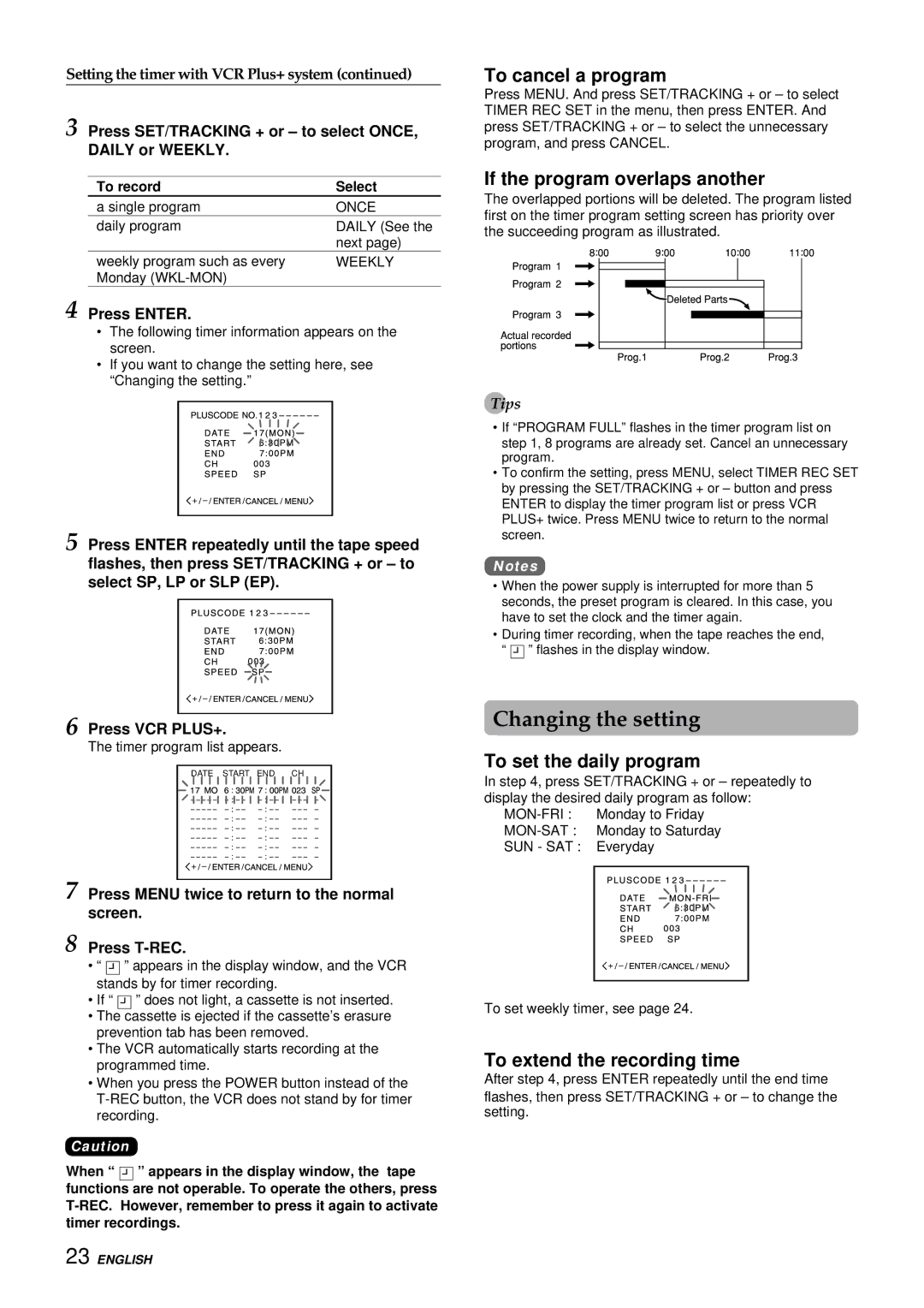 Aiwa HV-FX8100U Changing the setting, To cancel a program, If the program overlaps another, To set the daily program 