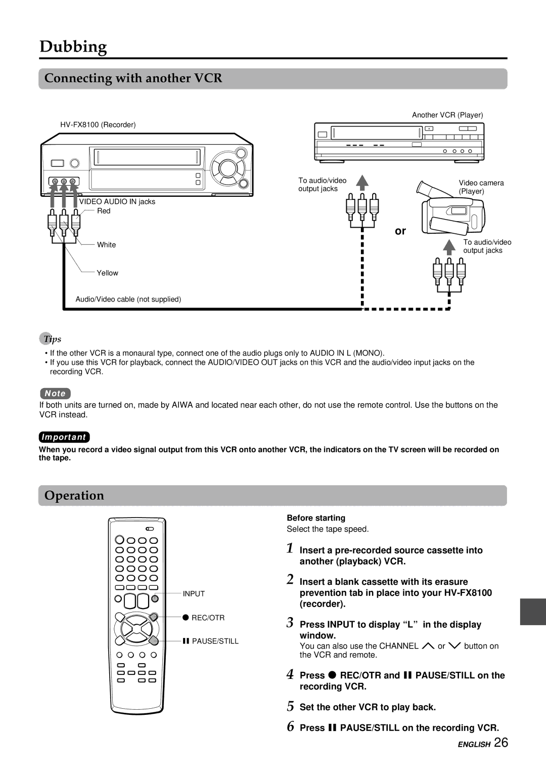 Aiwa HV-FX8100U operating instructions Dubbing, Connecting with another VCR, Operation 