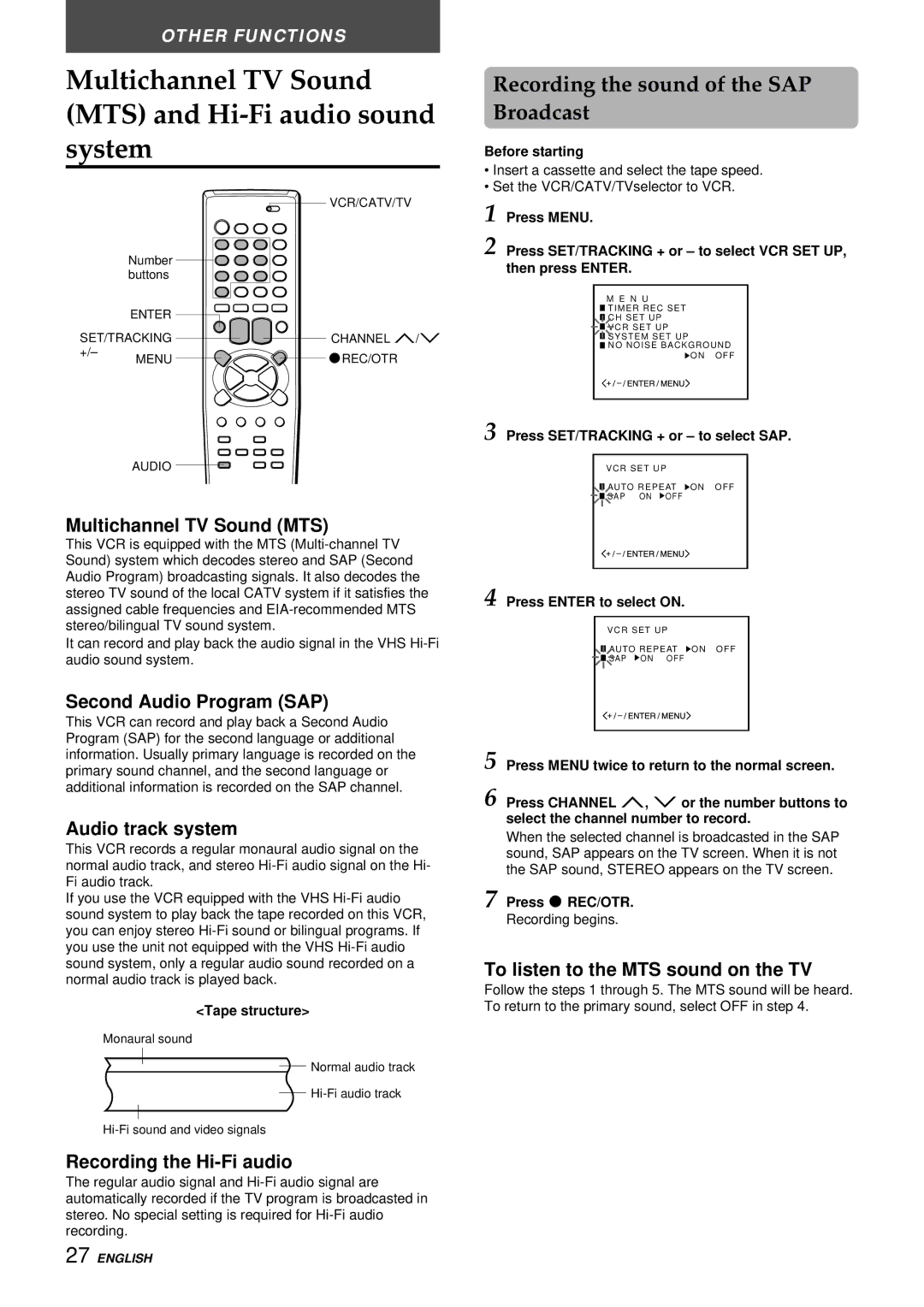 Aiwa HV-FX8100U Multichannel TV Sound MTS and Hi-Fi audio sound system, Recording the sound of the SAP Broadcast 