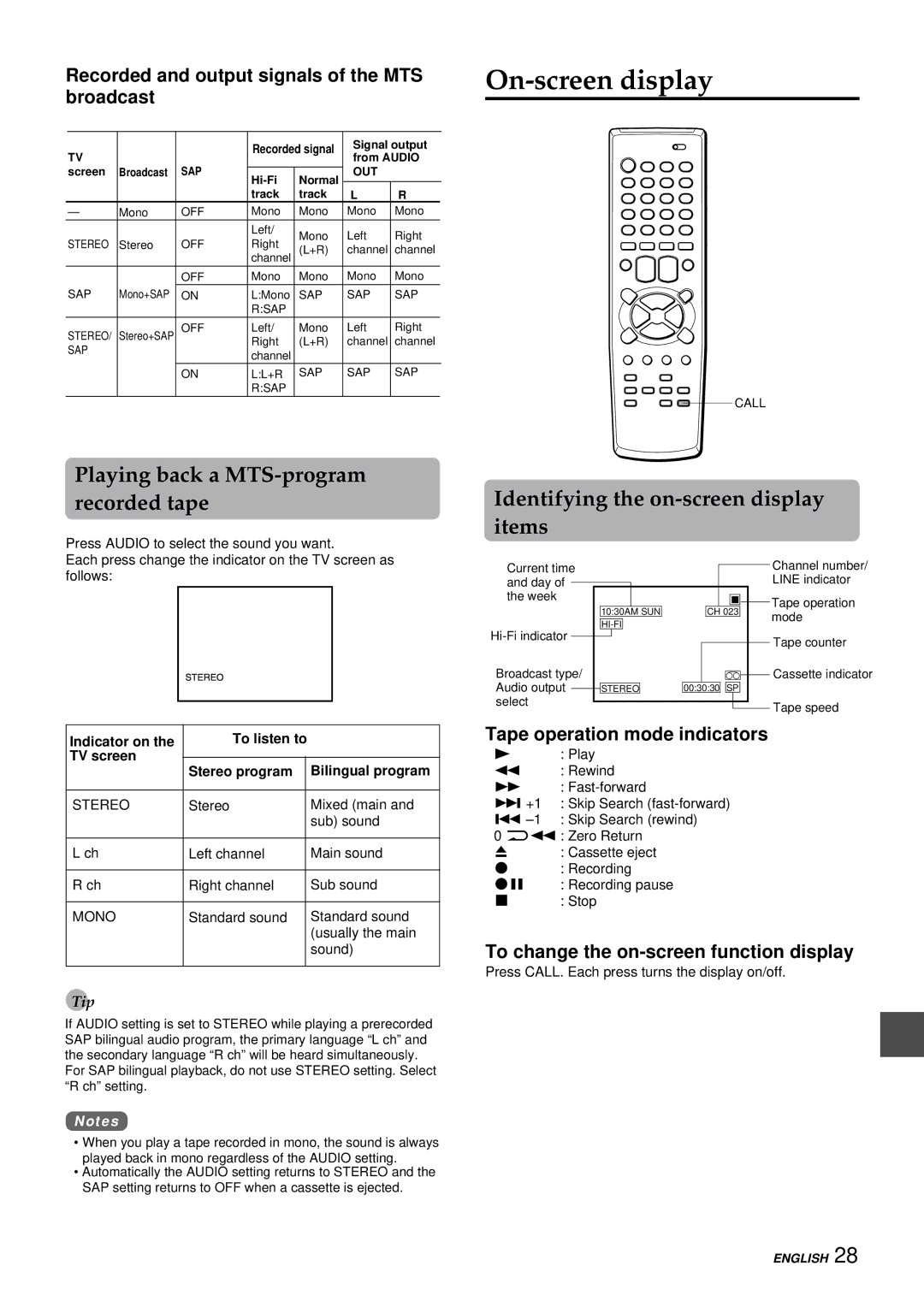 Aiwa HV-FX8100U On-screen display, Items, Recorded and output signals of the MTS broadcast, Tape operation mode indicators 