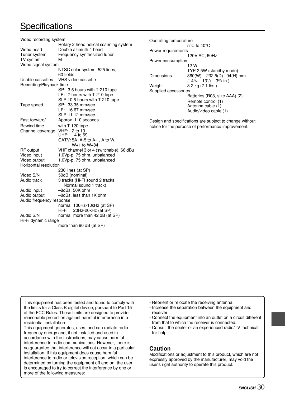 Aiwa HV-FX8100U operating instructions Specifications, Vhf Uhf 