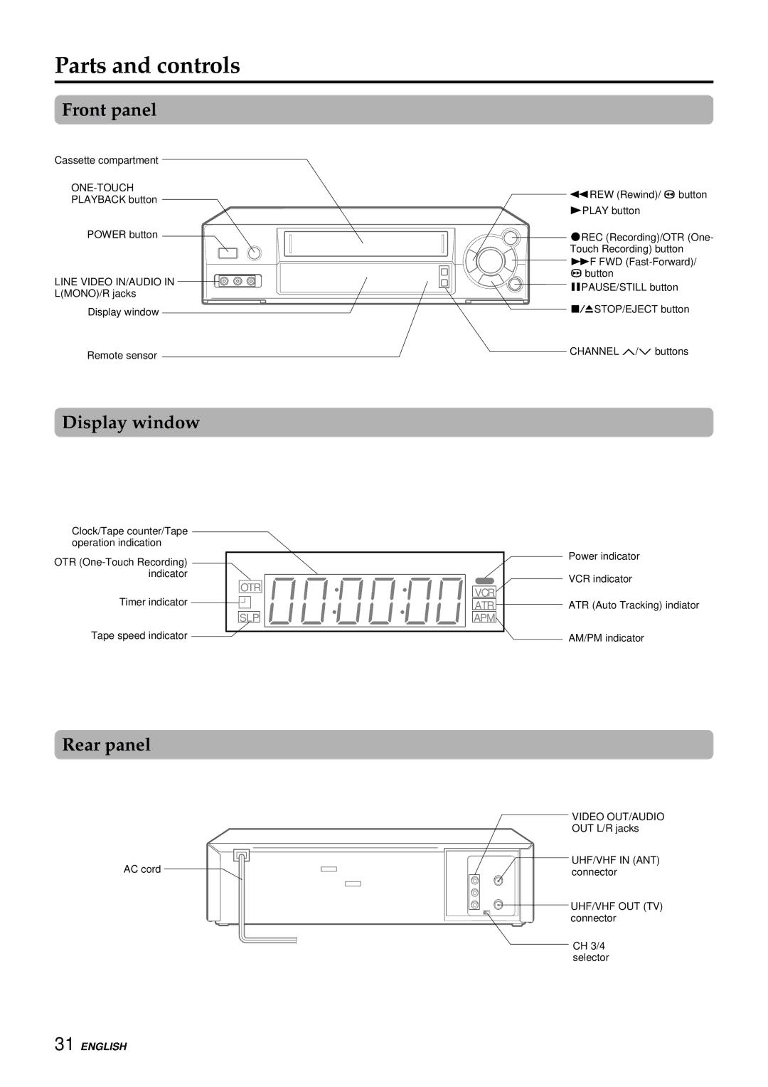 Aiwa HV-FX8100U operating instructions Parts and controls, Front panel, Display window, Rear panel 