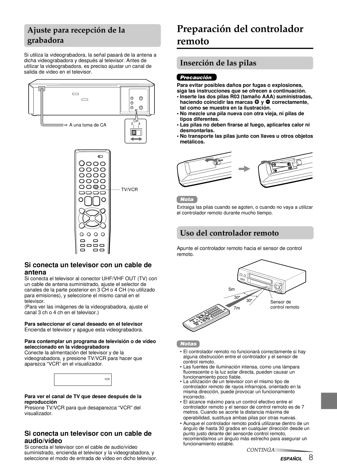 Aiwa HV-FX8100U Preparación del controlador remoto, Ajuste para recepción de la grabadora, Inserción de las pilas 