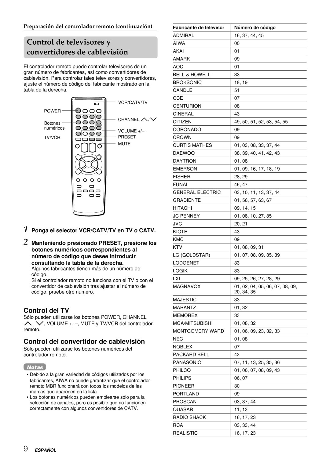 Aiwa HV-FX8100U operating instructions Control de televisores y convertidores de cablevisión, Control del TV 