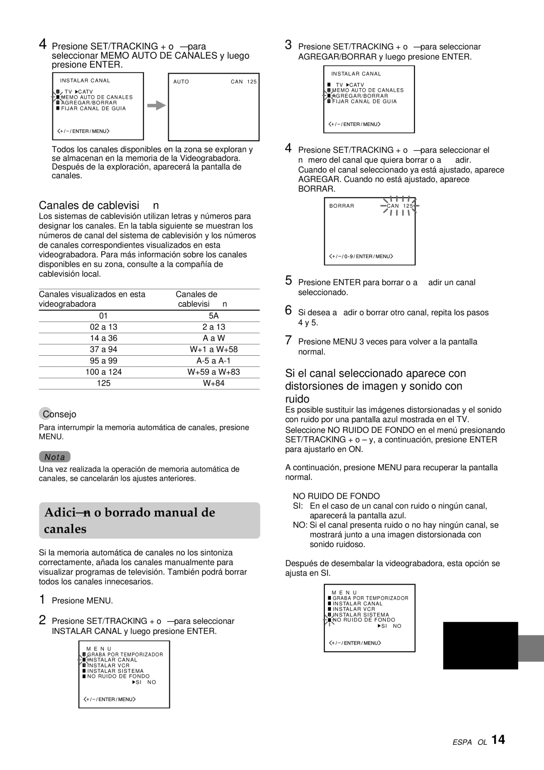 Aiwa HV-FX8100U operating instructions Adición o borrado manual de canales, Canales de cablevisió n 