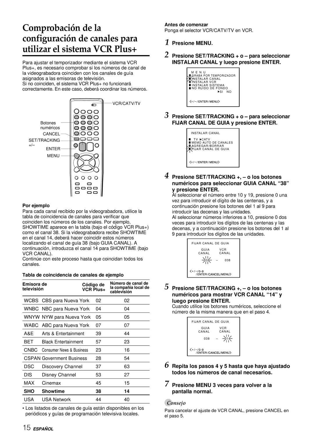 Aiwa HV-FX8100U operating instructions Por ejemplo, Tabla de coincidencia de canales de ejemplo 