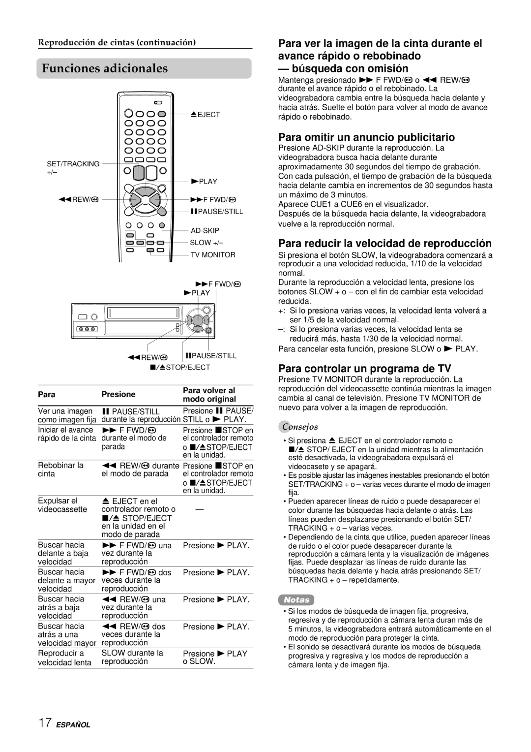 Aiwa HV-FX8100U Funciones adicionales, Para omitir un anuncio publicitario, Para reducir la velocidad de reproducció n 